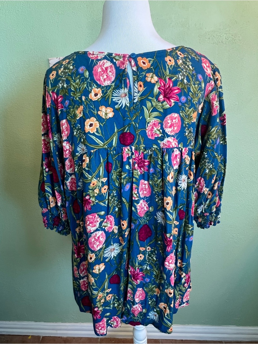 Terra and Sky - Floral Smocked Blue Women's Top - Picture 4 of 7
